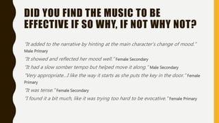 DID YOU FIND THE MUSIC TO BE
EFFECTIVE IF SO WHY, IF NOT WHY NOT?
“It added to the narrative by hinting at the main character’s change of mood.”
Male Primary
“It showed and reflected her mood well.” Female Secondary
“It had a slow somber tempo but helped move it along.” Male Secondary
“Very appropriate…I like the way it starts as she puts the key in the door.” Female
Primary
“It was tense.” Female Secondary
“I found it a bit much, like it was trying too hard to be evocative.” Female Primary
 