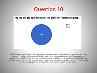 Question 10
The 10th question was to find out if the images I used were appropriate for the genre (rap) I’m representing and I asked
this to see if I used the right images and that using rap artists on my images was a right idea. This was a yes or no
question and everybody said yes which was what I was expecting . In addition, my target audience all said said yes too
and that’s because they can easily recognize that the images are rap artists because they are well known artists and they
are all wearing gangster-like clothing which is what rap artist typically wear for fashion.
 