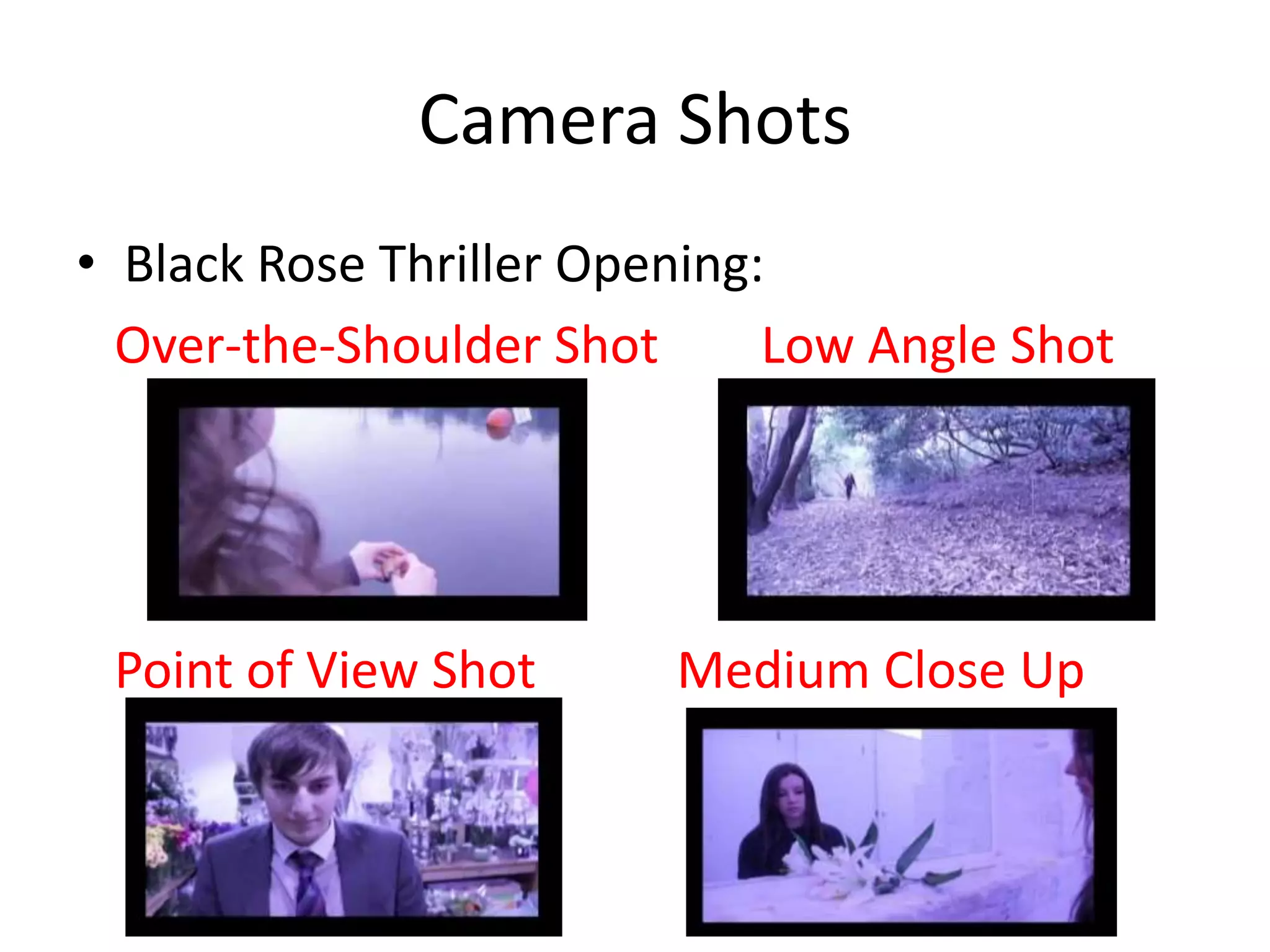Camera Shots
• Black Rose Thriller Opening:
  Over-the-Shoulder Shot      Low Angle Shot




 Point of View Shot      Medium Close Up
 