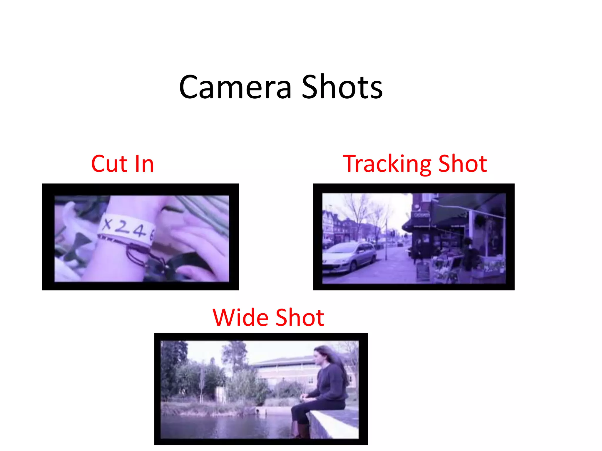 Camera Shots
Cut In                Tracking Shot




          Wide Shot
 