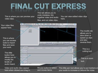 This is where you can preview your
video clips.
Your video files
appear here.
You can view edited video clips
here.
This is where
you can access
tools to import
files and save
your work.
This tab allows you to
undo mistakes, link
together video and audio
files, and cut video clips.
The modify tab
allows you to
slow down or
speed up clips
and also
reverse them.
Video and audio clips appear
here when clicked and drag in.
This little
button here
allows you to
modify the
levels of
audio heard.
Mouse button to select
and moves items.
This is a
cutting tool.
This is a zoom
tool.
This little pen tool allows you to put markers on
your audio to increase or reduce the noise.
 
