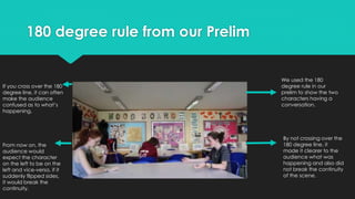 180 degree rule from our Prelim
We used the 180
degree rule in our
prelim to show the two
characters having a
conversation.
By not crossing over the
180 degree line, it
made it clearer to the
audience what was
happening and also did
not break the continuity
of the scene.
If you cross over the 180
degree line, it can often
make the audience
confused as to what’s
happening.
From now on, the
audience would
expect the character
on the left to be on the
left and vice-versa, if it
suddenly flipped sides,
it would break the
continuity.
 