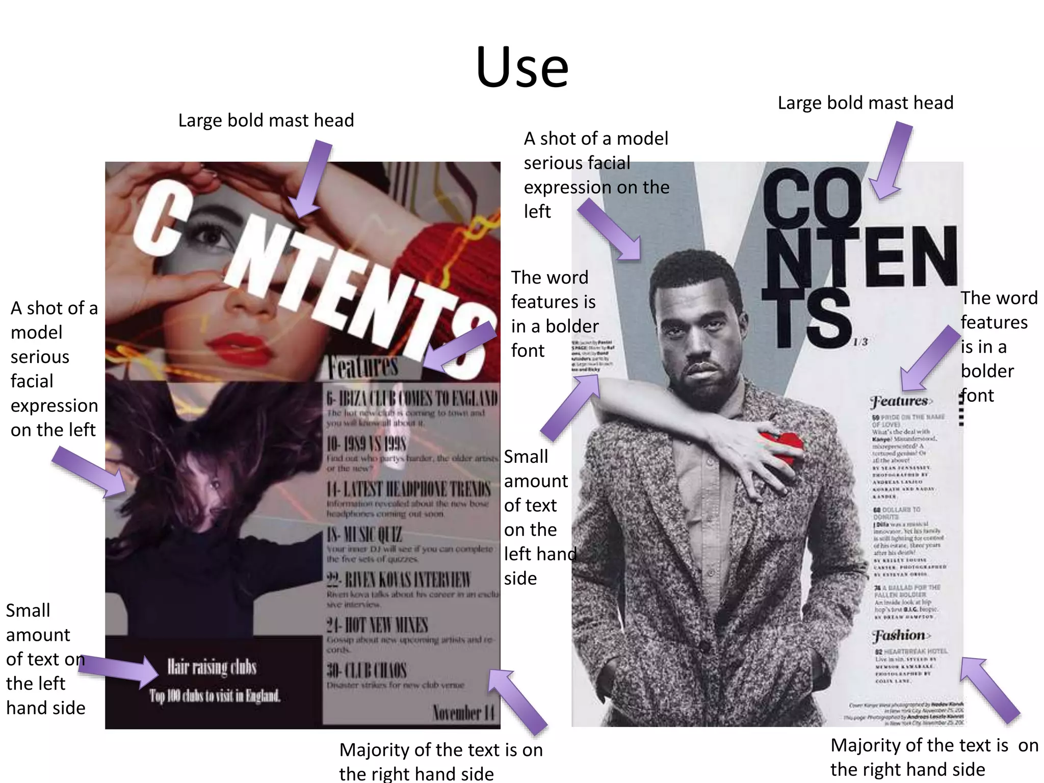 Use
Large bold mast head
Large bold mast head
Majority of the text is on
the right hand side
Majority of the text is on
the right hand side
A shot of a
model
serious
facial
expression
on the left
A shot of a model
serious facial
expression on the
left
The word
features
is in a
bolder
font
The word
features is
in a bolder
font
Small
amount
of text on
the left
hand side
Small
amount
of text
on the
left hand
side
 