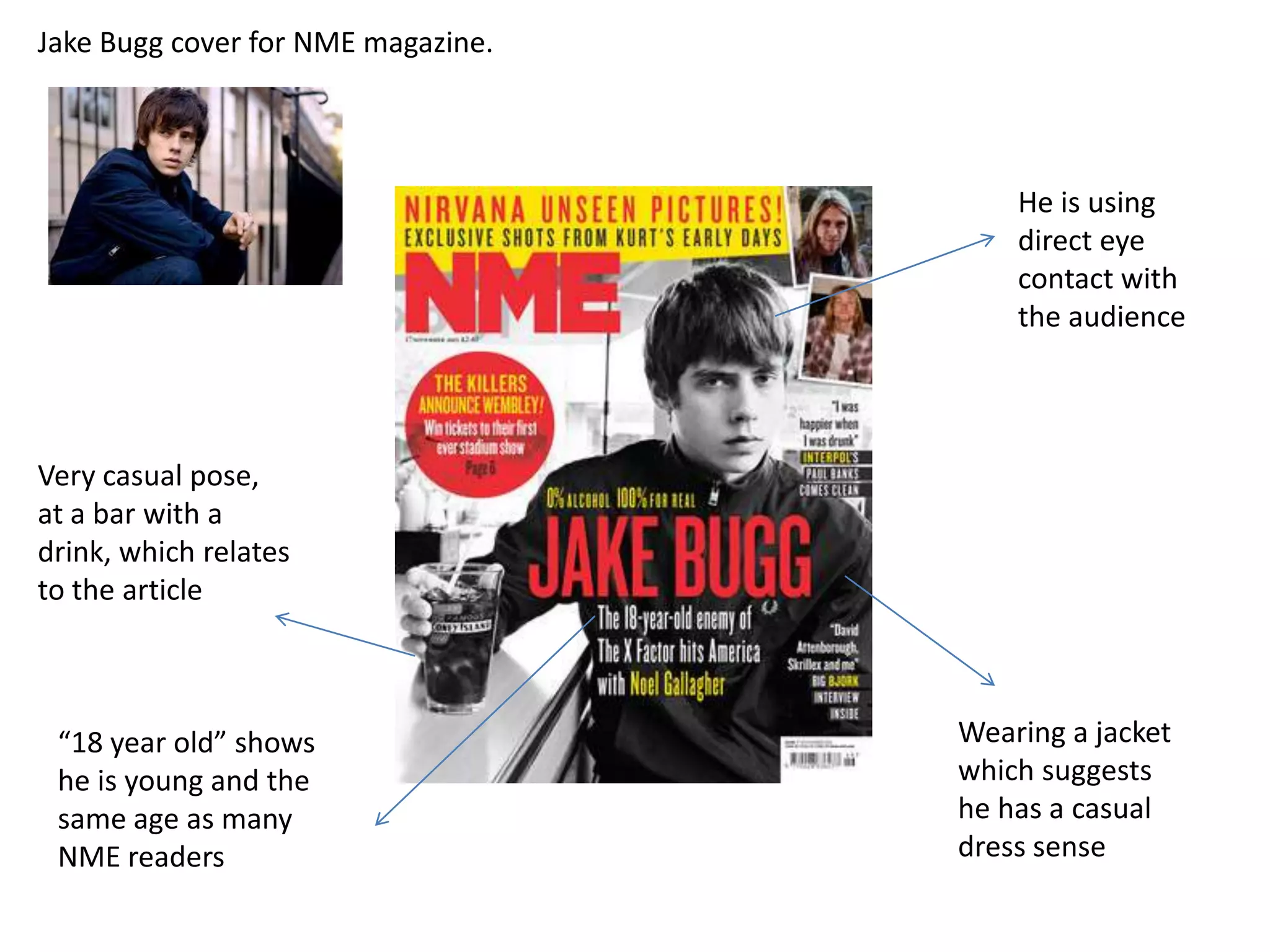 Jake Bugg cover for NME magazine.

He is using
direct eye
contact with
the audience

Very casual pose,
at a bar with a
drink, which relates
to the article

“18 year old” shows
he is young and the
same age as many
NME readers

Wearing a jacket
which suggests
he has a casual
dress sense

 