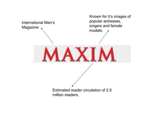 International Men’s Magazine Known for it’s images of popular actresses, singers and female models. Estimated reader circulation of 2.5 million readers. 