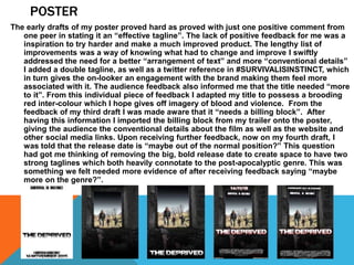 POSTER
The early drafts of my poster proved hard as proved with just one positive comment from
one peer in stating it an “...