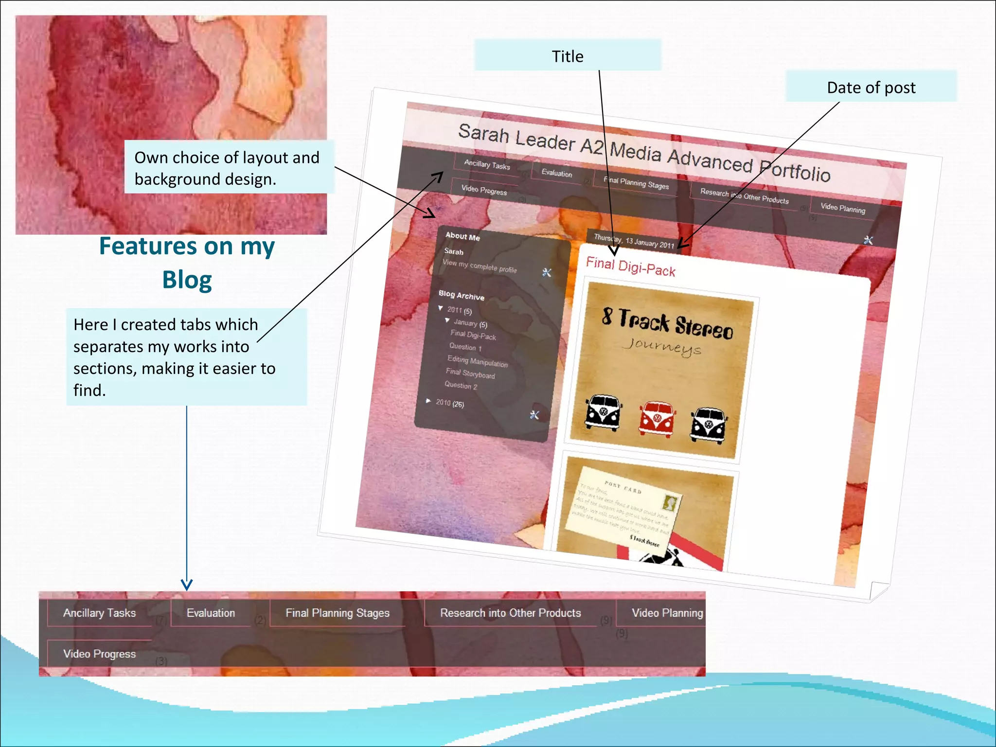 Features on my Blog Here I created tabs which separates my works into sections, making it easier to find. Date of post Title Own choice of layout and background design. 