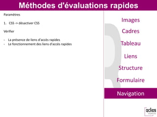 Images
Cadres
Tableau
Liens
Structure
Formulaire
Navigation
Paramètres
1. CSS -> désactiver CSS
Vérifier
- La présence de ...