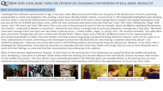 Q1 | How does your music video use, develop or challenge conventions of real media products?
How was your use of representation? (cont.)
I challenged the traditional representation of age in my music video. Many mainstream media texts are guilty of the demonization of youth, promoting
young people as violent and dangerous, thus creating a moral panic (Stanley Cohen). Indeed, a recent article in The Independent highlighted some shocking
statistics when it came to the demonization of young people: more than half of the stories about teenage boys in national and regional newspapers in the
past year (4,374 out of 8,629) were about crime., while the most commonly used word to describe them was "yobs" (591 times), followed by "thugs" (254
times), "sick" (119 times) and "feral" (96 times). This is also seen in the portrayal of youth in film; for example, Attack the Block or Adulthood Furthermore,
the research – conducted by Women in Journalism – showed the best chance a teenager had of receiving sympathetic coverage was if they died: "We found
some news coverage where teen boys were described in glowing terms – 'model student', 'angel’, or 'perfect son'," the research concluded, "but sadly these
were reserved for teenage boys who met a violent and untimely death.“ Music videos such as Plan B’s Ill Manors conform to this representation by
portraying young people as violent: they wear hoodies and hang around in large gangs and generally being antisocial; however, some see this video as an
ironic representation of youth, conforming to the stereotypes to prove how ridiculous they are; thus making a statement about how absurd – and
sometimes dangerous – typecasts are as they often result in self-fulfilling prophecy (becoming the thing you told you are). However, in my music video, I
challenged this representation. I portrayed my characters as vulnerable and naïve rather than violent and corrupt; they are seen as more emotional and in
touch with their feelings, so some may find their representation more endearing to the audience.
Many of these demonic representations, however, of youth focus on the working class. Class dimensions are created between the middle and working
class, developing a “class form of contempt” (Owen Jones) where the working class become objects of fear and ridicule. Instead, my music video focuses
on two middle-class youths – the class which is most commonly portrayed in the folk/indie genre (see examples below) as the working class are most
commonly seen in the grime/rap genre (if I am to be stereotypical). I have therefore conformed to the representations of class in my music video.
Violent youth representation in Attack the Block, Ill Manors and Adulthood My more mundane, vulnerable portrayal of youth.
 