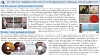 Q1 | How does your print production use, develop or challenge conventions of real media products?
Panel two and three – used or challenged conventions?
One convention of panel two and three is having one large picture over two panels, creating one large image overall (see
images 3, left, Regina Spector’s Little Bird). I conformed to this convention, by using an image of the beach huts and the
two leads looking at one another; their looks are sad and moody, connoting grief and pain to evoke a response from the
audience, and to give them an inside look on what the themes of the album may be before they play the CD. However, I
did also challenge the convention of the medium; many album covers (see left for examples, such as Katie Melua and
CD design – used or challenged conventions?
One convention of the CD cover by having the name of the artist and track reiterated on the design, again to promote the artist. Also, I used the convention
of having the title and track being placed at the top of the CD cover so it is catches the audience’s eye and, again, promotes the album and the artist.
However, I did challenge the convention of having a plain, textured image for the CD cover, instead having an image of Liv’s face on the disc; however, this
is because I wanted the image to be in keeping with the design beneath it (panel 3) to create one whole image. This challenges the traditional convention
Examples of existing CD covers and mine own.
of CD covers; however, I believe it created a dynamic design as the double
panel picture of the two girls were not obstructed, so the whole image still
have emotional impact for the audience. I did not feature any additional
information on the CD design, such as the record company or details about the
artist, so I therefore challenged this convention of the design. Finally, I left a
gap in the middle of the design for the centre whole of the compact disk, which
is a convention of the medium (it is the average size of a finger, so this allows
the disc can be carried around or ejected from the CD case.)
Panels 2 and 3 of my design.
Existing inner panels.
Mark James) have the CD cover being the main design or being in a bright,
vibrant colour to capture the audience’s attention, while panel 3 is a simple
background colour or texture so not to distract from the design. I challenged
this by having panel 3 be the focus of the overall design, instead working the
CD around the design for a dynamic final design (I had the disc be the same
image so even when it covered panel 3 the image remained as a whole). I used
dull, faded colours in the interior panels to contrast with the vivid, bright
colours of both the front and back panels, thus creating binary
opposition for impact (Levi Strauss).
 