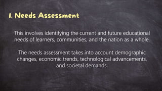 This involves identifying the current and future educational
needs of learners, communities, and the nation as a whole.
The needs assessment takes into account demographic
changes, economic trends, technological advancements,
and societal demands.
 
