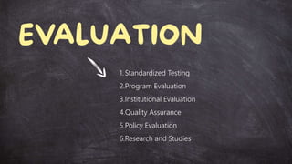 1. Standardized Testing
2.Program Evaluation
3.Institutional Evaluation
4.Quality Assurance
5.Policy Evaluation
6.Research and Studies
 