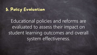 Educational policies and reforms are
evaluated to assess their impact on
student learning outcomes and overall
system effectiveness.
 