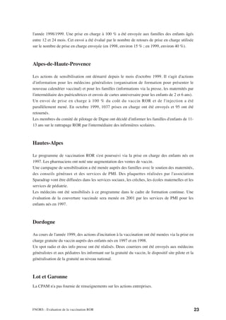 l'année 1998/1999. Une prise en charge à 100 % a été envoyée aux familles des enfants âgés
entre 12 et 24 mois. Cet envoi a été évalué par le nombre de retours de prise en charge utilisée
sur le nombre de prise en charge envoyée (en 1998, environ 15 % ; en 1999, environ 40 %).



Alpes-de-Haute-Provence

Les actions de sensibilisation ont démarré depuis le mois d'octobre 1999. Il s'agit d'actions
d'information pour les médecins généralistes (organisation de formation pour présenter le
nouveau calendrier vaccinal) et pour les familles (informations via la presse, les maternités par
l'intermédiaire des puéricultrices et envois de cartes anniversaire pour les enfants de 2 et 6 ans).
Un envoi de prise en charge à 100 % du coût du vaccin ROR et de l'injection a été
parallèlement mené. En octobre 1999, 1037 prises en charge ont été envoyés et 95 ont été
retournés.
Les membres du comité de pilotage de Digne ont décidé d'informer les familles d'enfants de 11-
13 ans sur le rattrapage ROR par l'intermédiaire des infirmières scolaires.



Hautes-Alpes

Le programme de vaccination ROR s'est poursuivi via la prise en charge des enfants nés en
1997. Les pharmaciens ont noté une augmentation des ventes de vaccin.
Une campagne de sensibilisation a été menée auprès des familles avec le soutien des maternités,
des conseils généraux et des services de PMI. Des plaquettes réalisées par l'association
Sparadrap vont être diffusées dans les services sociaux, les crèches, les écoles maternelles et les
services de pédiatrie.
Les médecins ont été sensibilisés à ce programme dans le cadre de formation continue. Une
évaluation de la couverture vaccinale sera menée en 2001 par les services de PMI pour les
enfants nés en 1997.



Dordogne

Au cours de l'année 1999, des actions d'incitation à la vaccination ont été menées via la prise en
charge gratuite du vaccin auprès des enfants nés en 1997 et en 1998.
Un spot radio et des info presse ont été réalisés. Deux courriers ont été envoyés aux médecins
généralistes et aux pédiatres les informant sur la gratuité du vaccin, le dispositif site pilote et la
généralisation de la gratuité au niveau national.



Lot et Garonne
La CPAM n'a pas fournie de renseignements sur les actions entreprises.




FNORS - Evaluation de la vaccination ROR                                                                 23
 
