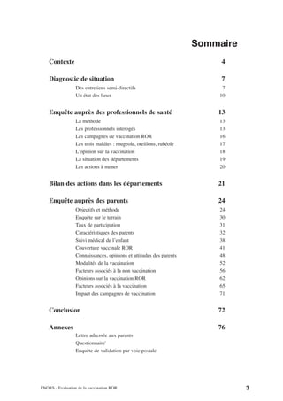Sommaire
    Contexte                                                              4

    Diagnostic de situation                                               7
                  Des entretiens semi-directifs                           7
                  Un état des lieux                                      10


    Enquête auprès des professionnels de santé                           13
                  La méthode                                             13
                  Les professionnels interogés                           13
                  Les campagnes de vaccination ROR                       16
                  Les trois maldies : rougeole, oreillons, rubéole       17
                  L’opinion sur la vaccination                           18
                  La situation des départements                          19
                  Les actions à mener                                    20


    Bilan des actions dans les départements                              21

    Enquête auprès des parents                                           24
                  Objectifs et méthode                                   24
                  Enquête sur le terrain                                 30
                  Taux de participation                                  31
                  Caractéristiques des parents                           32
                  Suivi médical de l’enfant                              38
                  Couverture vaccinale ROR                               41
                  Connaissances, opinions et attitudes des parents       48
                  Modalités de la vaccination                            52
                  Facteurs associés à la non vaccination                 56
                  Opinions sur la vaccination ROR                        62
                  Facteurs associés à la vaccination                     65
                  Impact des campagnes de vaccination                    71


    Conclusion                                                           72

    Annexes                                                              76
                  Lettre adressée aux parents
                  Questionnaire`
                  Enquête de validation par voie postale




FNORS - Evaluation de la vaccination ROR                                        3
 