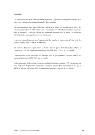 Evolution

Les échantillons 97 et 99 sont quasiment identiques. L’âge et l’activité professionnelle de la
mère n’ont pratiquement pas évolué entre les deux enquêtes.

On peut cependant noter une différence significative du niveau d’étude de la mère : les
personnes interrogées en 1999 ont un niveau plus élevé qu’en 1997. Cette évolution se retrouve
dans la littérature. Le niveau d’étude des personnes augmente avec le temps ; la différence
relevée entre les deux enquêtes n’est pas surprenante.

Le revenu mensuel des parents n’a pas évolué. La tranche la plus représentée est celle des
revenus compris entre 10 000 et 20 000 francs.

On note une différence significative (p<0.001) pour la garde de l’enfant. Les enfants de
l'enquête de 1999 sont plus souvent en collectivité (68,6 % en 1999 vs 54,2 % en 1997).

La question sur la vie en couple est nouvelle dans le questionnaire. La quasi totalité des
personnes interrogées (95,8 %) vivent en couple.

Enfin, la question sur le régime d’assurance maladie n’était pas posée en 1997. On constate une
forte proportion de personnes appartenant au régime général. Les autres régimes tels que la
SNCF ne sont pas à négliger ; 10,4 % des familles interrogées relèvent de ces régimes.




FNORS - Evaluation de la vaccination ROR                                                          33
 