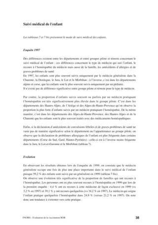 Suivi médical de l'enfant


Les tableaux 7 et 7 bis présentent le mode de suivi médical des enfants.



Enquête 1997

Des différences existent entre les départements et entre groupes pilote et témoin concernant le
suivi médical de l’enfant : ces différences concernent le type de médecin qui suit l’enfant, le
recours à l’homéopathie du médecin mais aussi de la famille, les antécédents d’allergies et de
graves problèmes de santé
En 1997, les enfants sont plus souvent suivis uniquement par le médecin généraliste dans la
Charente, la Dordogne, le Jura, le Lot et le Morbihan ; à l’inverse, c’est dans les départements
alpins et corse, que les enfants sont le plus souvent suivis uniquement par un pédiatre.
Il n’existe pas de différence significative entre groupe pilote et témoin pour le type de médecin.

Par contre, la proportion d’enfants suivis souvent ou parfois par un médecin pratiquant
l’homéopathie est très significativement plus élevée dans le groupe pilote. C’est dans les
départements des Hautes-Alpes, de l’Ariège et des Alpes-de-Haute-Provence qu’on observe la
proportion la plus forte d’enfants suivis par un médecin pratiquant l’homéopathie. De la même
manière, c’est dans les départements des Alpes-de-Haute-Provence, des Hautes-Alpes et de la
Charente que les enfants sont le plus souvent traités avec des médicaments homéopathiques.

Enfin, si la déclaration d’antécédents de convulsions fébriles et de graves problèmes de santé ne
varie pas de manière significative selon le département ou l’appartenance au groupe pilote, on
observe que la déclaration de problèmes allergiques de l’enfant est plus fréquente dans certains
départements (Corse du Sud, Gard, Hautes-Pyrénées) ; celle-ci est à l’inverse moins fréquente
dans le Jura, le Lot-et-Garonne et le Morbihan (tableau 7).



Evolution

En observant les résultats obtenus lors de l'enquête de 1999, on constate que le médecin
généraliste occupe une fois de plus une place importante dans le suivi médical de l’enfant
puisque 59,2 % des enfants sont suivis par un généraliste en 1999 (tableau 7 bis).
On observe une évolution très significative de la proportion de familles qui ont recours à
l’homéopathie. Les personnes ont eu plus souvent recours à l’homéopathie en 1999 que lors de
la première enquête : 4,4 % ont eu recours à cette médecine de façon exclusive en 1999 (vs
3,2 % en 1997) et 39,1 % y ont recours quelquefois (vs 34,2 % en 1997). Le médecin qui soigne
l’enfant pratique quelquefois l’homéopathie dans 24,9 % (versus 21,2 % en 1997). On note
donc une tendance à s'orienter vers cette pratique.




FNORS - Evaluation de la vaccination ROR                                                         38
 
