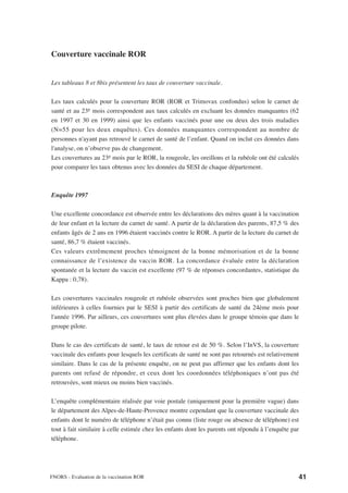 Couverture vaccinale ROR


Les tableaux 8 et 8bis présentent les taux de couverture vaccinale.

Les taux calculés pour la couverture ROR (ROR et Trimovax confondus) selon le carnet de
santé et au 23e mois correspondent aux taux calculés en excluant les données manquantes (62
en 1997 et 30 en 1999) ainsi que les enfants vaccinés pour une ou deux des trois maladies
(N=55 pour les deux enquêtes). Ces données manquantes correspondent au nombre de
personnes n'ayant pas retrouvé le carnet de santé de l’enfant. Quand on inclut ces données dans
l'analyse, on n’observe pas de changement.
Les couvertures au 23e mois par le ROR, la rougeole, les oreillons et la rubéole ont été calculés
pour comparer les taux obtenus avec les données du SESI de chaque département.



Enquête 1997

Une excellente concordance est observée entre les déclarations des mères quant à la vaccination
de leur enfant et la lecture du carnet de santé. A partir de la déclaration des parents, 87,5 % des
enfants âgés de 2 ans en 1996 étaient vaccinés contre le ROR. A partir de la lecture du carnet de
santé, 86,7 % étaient vaccinés.
Ces valeurs extrêmement proches témoignent de la bonne mémorisation et de la bonne
connaissance de l’existence du vaccin ROR. La concordance évaluée entre la déclaration
spontanée et la lecture du vaccin est excellente (97 % de réponses concordantes, statistique du
Kappa : 0,78).

Les couvertures vaccinales rougeole et rubéole observées sont proches bien que globalement
inférieures à celles fournies par le SESI à partir des certificats de santé du 24ème mois pour
l'année 1996. Par ailleurs, ces couvertures sont plus élevées dans le groupe témoin que dans le
groupe pilote.

Dans le cas des certificats de santé, le taux de retour est de 50 %. Selon l’InVS, la couverture
vaccinale des enfants pour lesquels les certificats de santé ne sont pas retournés est relativement
similaire. Dans le cas de la présente enquête, on ne peut pas affirmer que les enfants dont les
parents ont refusé de répondre, et ceux dont les coordonnées téléphoniques n’ont pas été
retrouvées, sont mieux ou moins bien vaccinés.

L’enquête complémentaire réalisée par voie postale (uniquement pour la première vague) dans
le département des Alpes-de-Haute-Provence montre cependant que la couverture vaccinale des
enfants dont le numéro de téléphone n’était pas connu (liste rouge ou absence de téléphone) est
tout à fait similaire à celle estimée chez les enfants dont les parents ont répondu à l’enquête par
téléphone.




FNORS - Evaluation de la vaccination ROR                                                          41
 
