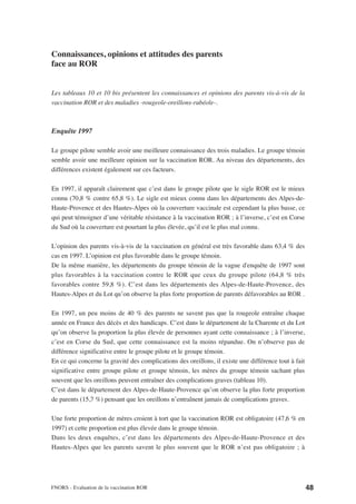 Connaissances, opinions et attitudes des parents
face au ROR


Les tableaux 10 et 10 bis présentent les connaissances et opinions des parents vis-à-vis de la
vaccination ROR et des maladies -rougeole-oreillons-rubéole-.



Enquête 1997

Le groupe pilote semble avoir une meilleure connaissance des trois maladies. Le groupe témoin
semble avoir une meilleure opinion sur la vaccination ROR. Au niveau des départements, des
différences existent également sur ces facteurs.

En 1997, il apparaît clairement que c’est dans le groupe pilote que le sigle ROR est le mieux
connu (70,8 % contre 65,8 %). Le sigle est mieux connu dans les départements des Alpes-de-
Haute-Provence et des Hautes-Alpes où la couverture vaccinale est cependant la plus basse, ce
qui peut témoigner d’une véritable résistance à la vaccination ROR ; à l’inverse, c’est en Corse
du Sud où la couverture est pourtant la plus élevée, qu’il est le plus mal connu.

L’opinion des parents vis-à-vis de la vaccination en général est très favorable dans 63,4 % des
cas en 1997. L’opinion est plus favorable dans le groupe témoin.
De la même manière, les départements du groupe témoin de la vague d'enquête de 1997 sont
plus favorables à la vaccination contre le ROR que ceux du groupe pilote (64,8 % très
favorables contre 59,8 %). C’est dans les départements des Alpes-de-Haute-Provence, des
Hautes-Alpes et du Lot qu’on observe la plus forte proportion de parents défavorables au ROR .

En 1997, un peu moins de 40 % des parents ne savent pas que la rougeole entraîne chaque
année en France des décès et des handicaps. C’est dans le département de la Charente et du Lot
qu’on observe la proportion la plus élevée de personnes ayant cette connaissance ; à l’inverse,
c’est en Corse du Sud, que cette connaissance est la moins répandue. On n’observe pas de
différence significative entre le groupe pilote et le groupe témoin.
En ce qui concerne la gravité des complications des oreillons, il existe une différence tout à fait
significative entre groupe pilote et groupe témoin, les mères du groupe témoin sachant plus
souvent que les oreillons peuvent entraîner des complications graves (tableau 10).
C’est dans le département des Alpes-de-Haute-Provence qu’on observe la plus forte proportion
de parents (15,7 %) pensant que les oreillons n’entraînent jamais de complications graves.

Une forte proportion de mères croient à tort que la vaccination ROR est obligatoire (47,6 % en
1997) et cette proportion est plus élevée dans le groupe témoin.
Dans les deux enquêtes, c’est dans les départements des Alpes-de-Haute-Provence et des
Hautes-Alpes que les parents savent le plus souvent que le ROR n’est pas obligatoire ; à




FNORS - Evaluation de la vaccination ROR                                                              48
 