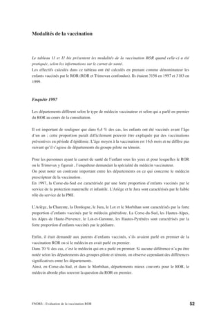 Modalités de la vaccination



Le tableau 11 et 11 bis présentent les modalités de la vaccination ROR quand celle-ci a été
pratiquée, selon les informations sur le carnet de santé.
Les effectifs calculés dans ce tableau ont été calculés en prenant comme dénominateur les
enfants vaccinés par le ROR (ROR et Trimovax confondus). Ils étaient 3158 en 1997 et 3183 en
1999.



Enquête 1997

Les départements diffèrent selon le type de médecin vaccinateur et selon qui a parlé en premier
du ROR au cours de la consultation.

Il est important de souligner que dans 6,4 % des cas, les enfants ont été vaccinés avant l’âge
d’un an ; cette proportion paraît difficilement pouvoir être expliquée par des vaccinations
préventives en période d’épidémie. L’âge moyen à la vaccination est 16,6 mois et ne diffère pas
suivant qu’il s’agisse de départements du groupe pilote ou témoin.

Pour les personnes ayant le carnet de santé de l’enfant sous les yeux et pour lesquelles le ROR
ou le Trimovax y figurait , l’enquêteur demandait la spécialité du médecin vaccinateur.
On peut noter un contraste important entre les départements en ce qui concerne le médecin
prescripteur de la vaccination.
En 1997, la Corse-du-Sud est caractérisée par une forte proportion d’enfants vaccinés par le
service de la protection maternelle et infantile. L'Ariège et le Jura sont caractérisés par le faible
rôle du service de la PMI.

L’Ariège, la Charente, la Dordogne, le Jura, le Lot et le Morbihan sont caractérisés par la forte
proportion d’enfants vaccinés par le médecin généraliste. La Corse-du-Sud, les Hautes-Alpes,
les Alpes de Haute-Provence, le Lot-et-Garonne, les Hautes-Pyrénées sont caractérisés par la
forte proportion d’enfants vaccinés par le pédiatre.

Enfin, il était demandé aux parents d’enfants vaccinés, s’ils avaient parlé en premier de la
vaccination ROR ou si le médecin en avait parlé en premier.
Dans 70 % des cas, c’est le médecin qui en a parlé en premier. Si aucune différence n’a pu être
notée selon les départements des groupes pilote et témoin, on observe cependant des différences
significatives entre les départements.
Ainsi, en Corse-du-Sud, et dans le Morbihan, départements mieux couverts pour le ROR, le
médecin aborde plus souvent la question du ROR en premier.




FNORS - Evaluation de la vaccination ROR                                                                52
 