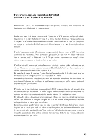 Facteurs associées à la vaccination de l’enfant
déclarée à la lecture du carnet de santé


Les tableaux 15 et 15 bis présentent l’analyse des facteurs associées à la vaccination de
l’enfant déclarée à la lecture du carnet de santé.



Les facteurs associés à la non vaccination de l’enfant par le ROR sont (en analyse univariée) :
l’âge moyen de la mère, la taille moyenne de la fratrie plus âgée, le niveau d’études de la mère
et du père, les scores de connaissances et d’opinions, l’erreur faite sur le caractère obligatoire
ou non de la vaccination ROR, le recours à l’homéopathie et le type de médecin suivant
l'enfant.

D’après le carnet de santé, 453 enfants ne sont pas vaccinés du tout contre le ROR (pas même
contre une des 3 maladies). Dans les tableaux précédents, il y en avait 371 après vérification
dans le carnet de santé. La différence vient du fait que certaines mamans se sont trompées ou ne
se sont pas prononcées sur le statut vaccinal de leur enfant.

L’analyse univariée montre que lorsque la mère est plus âgée, lorsque le père ou la mère ont un
niveau d’études supérieur au baccalauréat ou quand la taille de la fratrie est plus importante, les
enfants sont moins souvent vaccinés contre le ROR.
En revanche, le mode de garde de l’enfant, l’activité professionnelle de la mère ou du père, les
revenus du foyer ne sont pas associés à la vaccination de l’enfant.
Les enfants pour lesquels les parents déclarent des problèmes allergiques, des antécédents de
convulsions fébriles ou des problèmes de santé perçus comme graves par les parents sont aussi
souvent vaccinés que les autres.

L’opinion sur la vaccination en général, et sur le ROR en particulier, est très associée à la
vaccination effective de l’enfant. Les mères croyant à tort que la vaccination est obligatoire ou
estimant que celle-ci devrait être obligatoire ont plus souvent fait vacciner leur enfant.
De même, les mères estimant que la vaccination est efficace ont plus souvent fait vacciner leur
enfant. Il est important de souligner que plus de 30 % des mères n’ayant pas fait vacciner leur
enfant croient que le vaccin n’est pas efficace.
Les mères estimant que le vaccin n’est pas utile ou qu’il n’est utile que chez certains enfants
fragiles, que le vaccin peut avoir des effets secondaires graves, qu’il détériore l’immunité, que
le vaccin coûte cher aux familles, qu’il ne profite qu’à l’industrie pharmaceutique ou que la
rougeole, les oreillons et la rubéole sont une étape normale de la vie de l’enfant, ont moins
souvent fait vacciner leur enfant.




FNORS - Evaluation de la vaccination ROR                                                              65
 