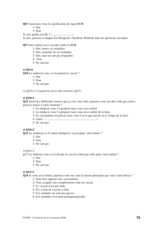 Q8 Connaissez-vous la signification du signe ROR
         1- Oui
         2- Non
Si oui, quelle est-elle ? /............................/
Si non, préciser à chaque fois Rougeole, Oreillons, Rubéole dans les questions suivantes

Q9 Votre enfant est-il vacciné contre le ROR
       1- Oui, toutes ces maladies
       2- Oui, certaines de ces maladies
       3- Oui, mais ne sait pas lesquelles
       4- Non
       5- Ne sait pas

si Q9=4
Q10 Le médecin vous a-t-il proposé le vaccin ?
       1- Oui
       2- Non
       3- Ne sait pas

(si Q10=3, l'enquêteur passe directement à Q15)

si Q10=1
Q11 Parmi les différentes raisons que je vais vous citer, pourriez-vous me dire celle qui corres-
pond le mieux à votre situation ?
        1- Le médecin vous l’a proposé mais vous avez refusé
        2- Le médecin vous l’a proposé mais vous avez oublié de le faire
        3- La vaccination est prévue mais vous n’avez pas encore eu le temps de la faire
        4- Autre : / ...................................................................../
        5- Ne sait pas

si Q10=2
Q12 Le médecin a-t-il contre-indiqué le vaccin pour votre enfant ?
       1- Oui
       2- Non
       3- Ne sait pas

si Q10=2
Q13 Le médecin vous a-t-il dit que le vaccin n’était pas utile pour votre enfant ?
       1- Oui
       2- Non
       3- Ne sait pas

si Q11=1
Q14 Si vous avez refusé, pourriez-vous me citer la raison principale qui vous a fait refuser ?
       1- Vous êtes opposée aux vaccinations
       2- Vous craignez des complications suite au vaccin
       3- Ce vaccin n’est pas utile
       4- Il y a trop de vaccins à faire
       5- Ces maladies ne sont pas graves
       6- Ces maladies n'existent pratiquement plus




FNORS - Evaluation de la vaccination ROR                                                            79
 