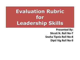 Evaluation Rubric
for
Leadership Skills
Presented By:
Shruti N. Roll No-7
Sneha Tipnis Roll No-8
Dipti Vig Roll No-9
 
