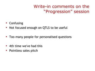 Write-in comments on the
                        “Progression” session

• Confusing
• Not focused enough on QTLS to be useful
 
• Too many people for personalised questions
 
• 4th time we've had this
• Pointless sales pitch
 
