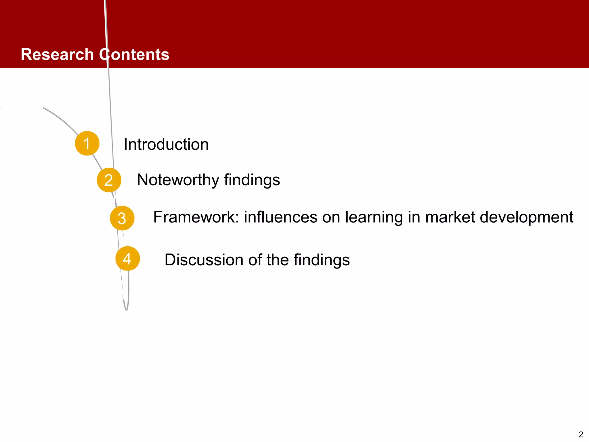 2
Research Contents
1
1 Introduction
2 Noteworthy findings
3
4
Framework: influences on learning in market development
Discussion of the findings
 