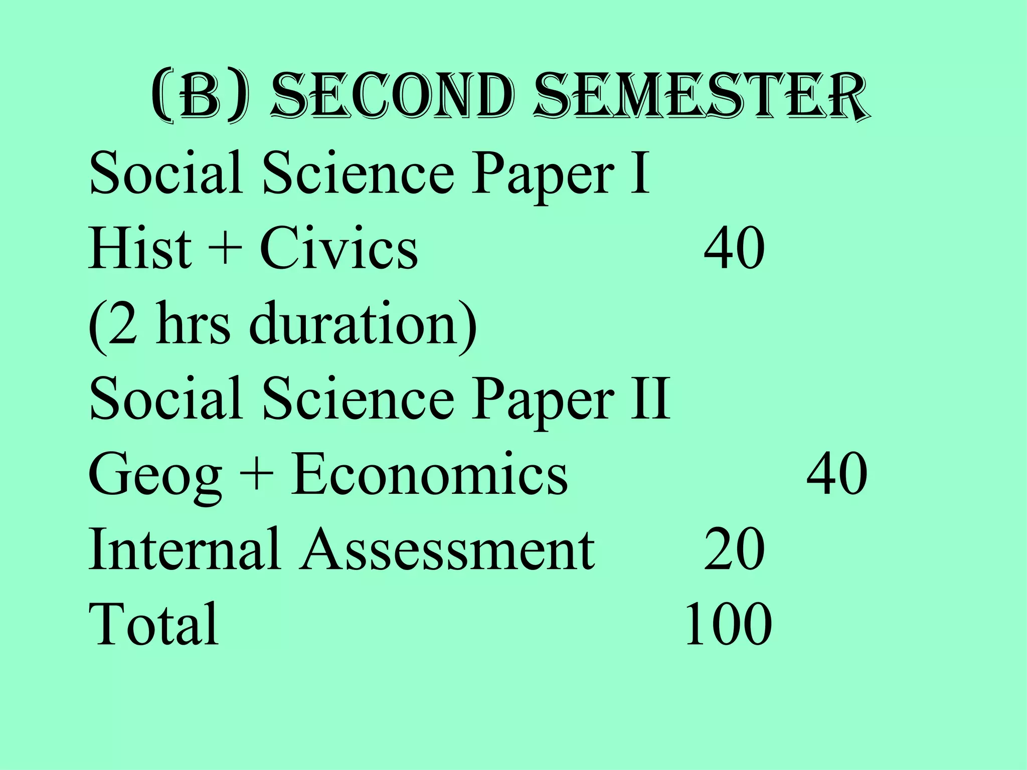 Social Science Paper I Hist + Civics  40 (2 hrs duration) Social Science Paper II Geog + Economics  40 Internal Assessment  20 Total    100 (b) Second SEMESTER 