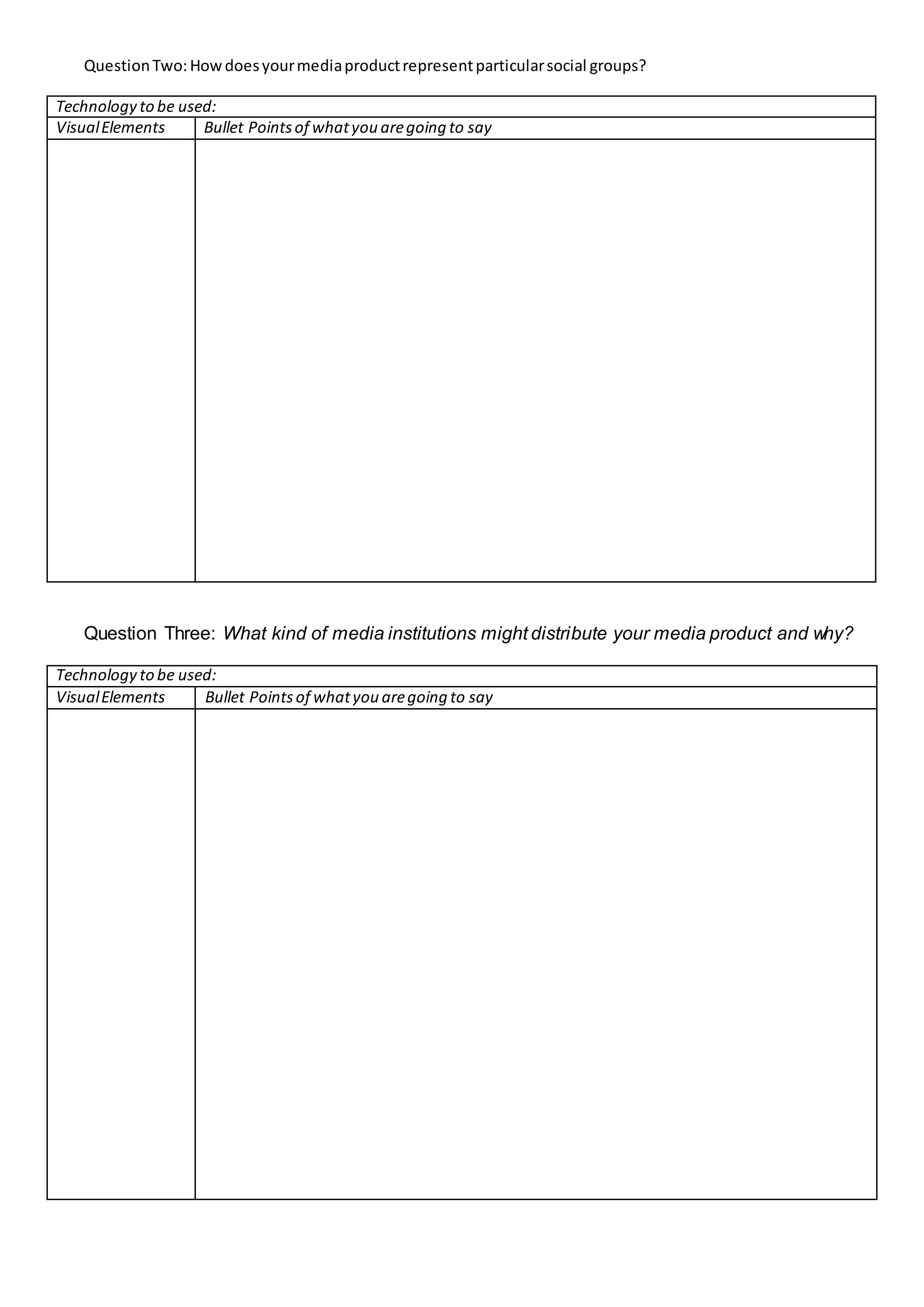 QuestionTwo:Howdoesyourmediaproductrepresentparticularsocial groups?
Technology to be used:
VisualElements Bullet Pointsof whatyou aregoing to say
Question Three: What kind of media institutions might distribute your media product and why?
Technology to be used:
VisualElements Bullet Pointsof whatyou aregoing to say
