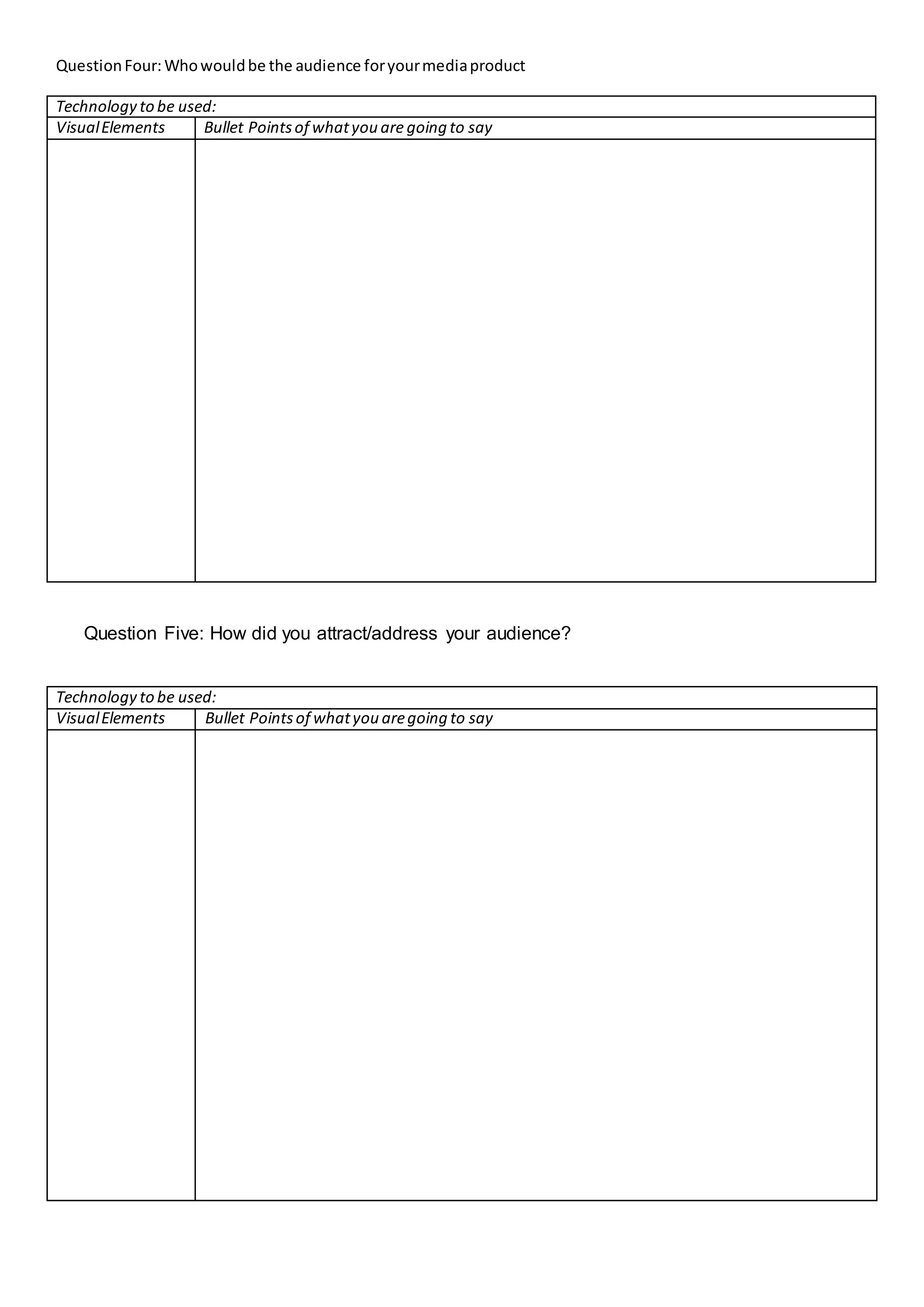 QuestionFour:Whowouldbe the audience foryourmediaproduct
Technology to be used:
VisualElements Bullet Pointsof whatyou are going to say
Question Five: How did you attract/address your audience?
Technology to be used:
VisualElements Bullet Pointsof whatyou aregoing to say