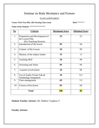 Seminar on Body Mechanics and Posture
EVALUATION SHEET
Venue: First Year BSc. (H) Nursing Class room Date********
Name of the Student: ****************
No Criteria Maximum Score Obtained Score
1. Preparation and Development of
the Lesson Plan
(Pre Teaching Session)
25 23
2. Introduction of the lesson 05 04
3. Content of the Lesson 10 09
4. Mastery of the subject matter 15 13
5. Teaching Skill 10 08
6. Grooming and Attire 05 04
7. Learners involvement 10 08
8. Use of Audio-Visual Aids &
Technology Integration
10 8.5
9. Time management 05 3.5
10. Closure of the lesson 05 04
Total 100 85
Student Teacher Advisor: Mr. Mathew Varghese V
Faculty Advisor:
 