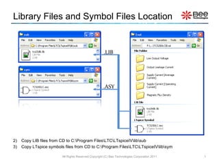 Library Files and Symbol Files Location ,[object Object],[object Object],All Rights Reserved Copyright (C) Bee Technologies Corporation 2011 .LIB .ASY 