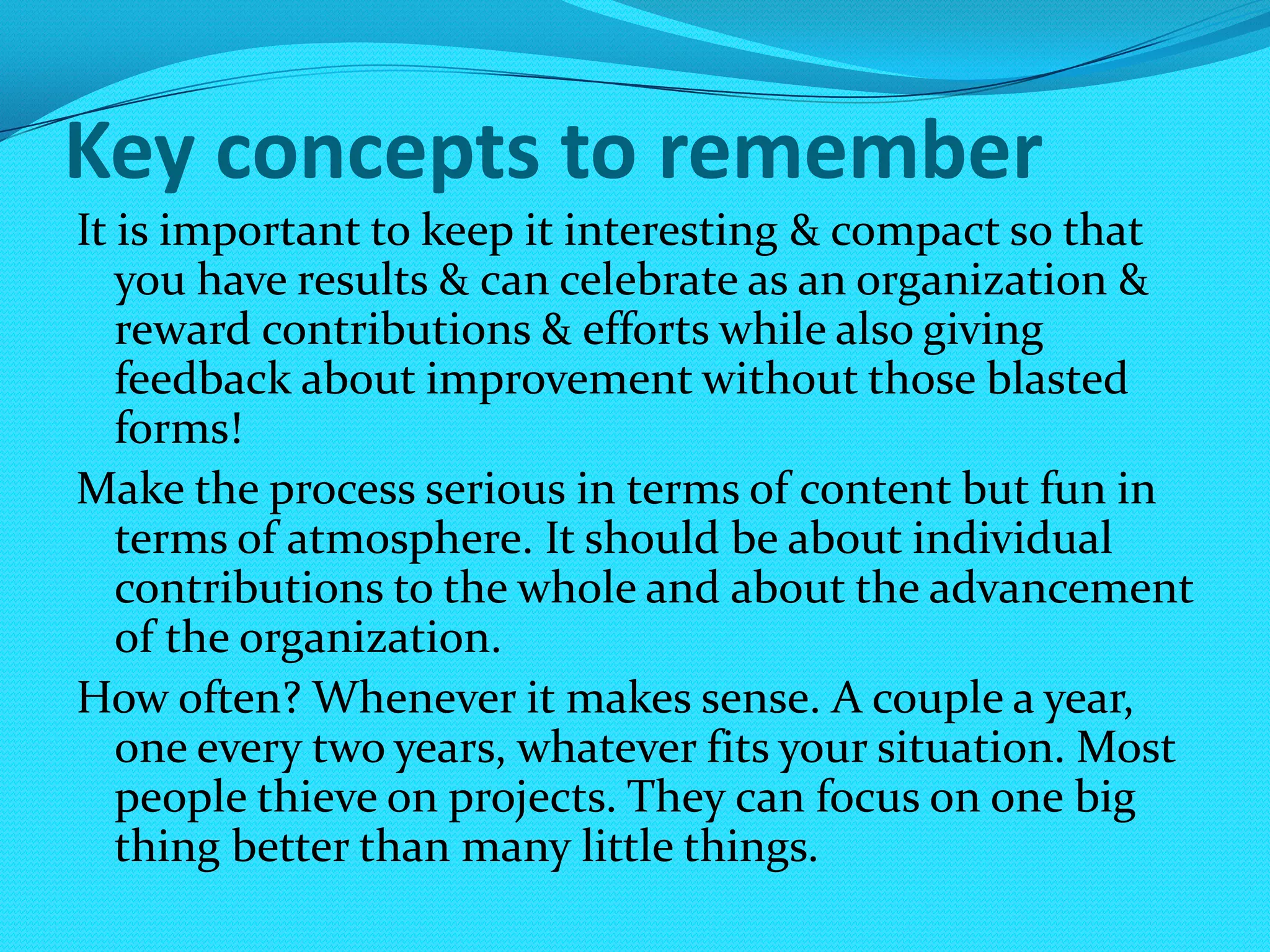 What needs to happen next? Think in terms of organizational culture, values, personal growth. The big picture. Prioritize & select a few key ideas to explore. 