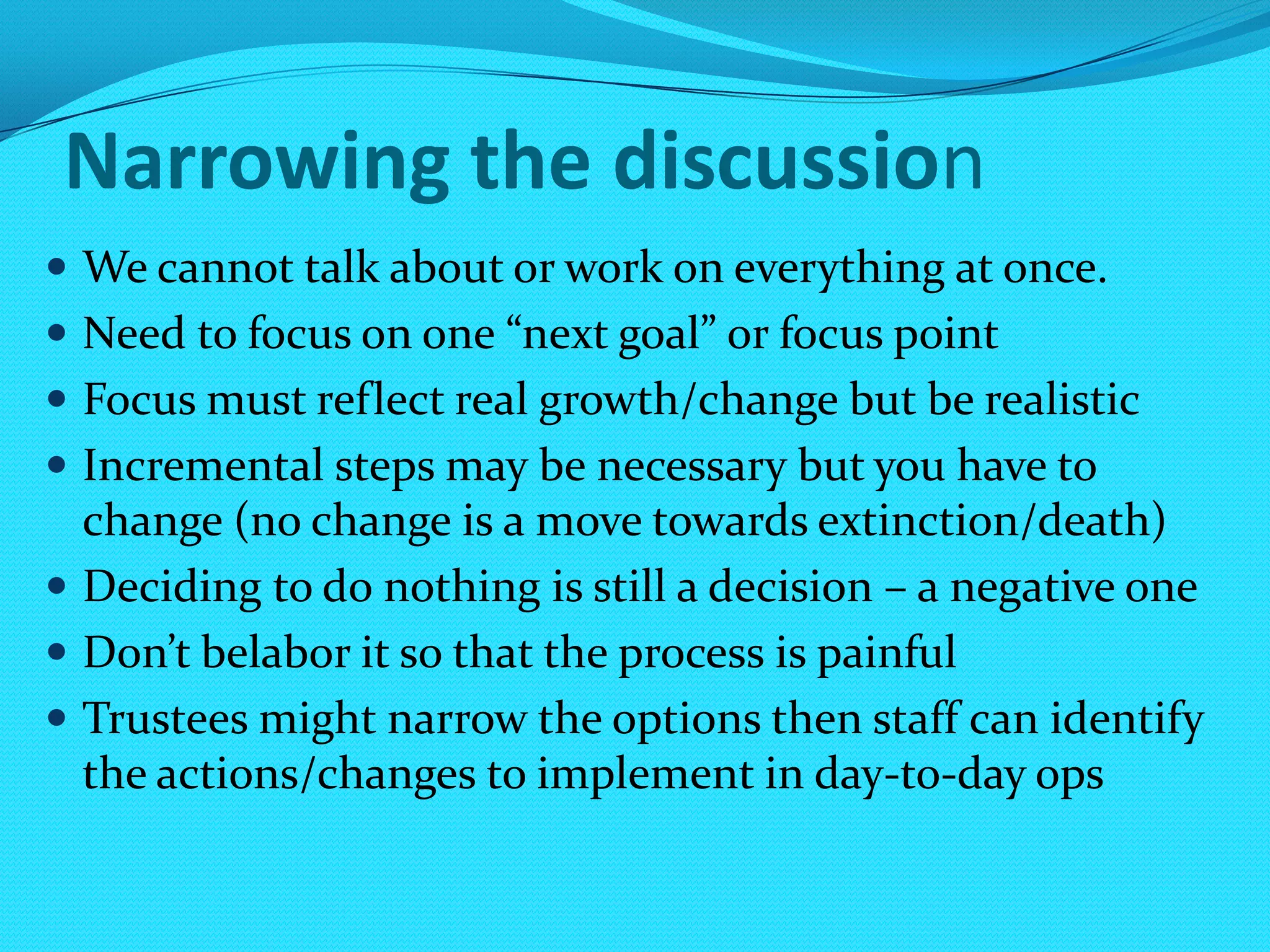 What are your experiences with such approaches? We can get better results by:Being focused on our core goals in the here and nowEngaging the individuals in policy & leadership roles including those on the front lines of daily workDoing it differently from year to yearNaming it something elseInfusing the process with energy & optimism as well as humorFollowing through from the beginning to the end of a project.Being less rigid (yikes, in a library?) & more human