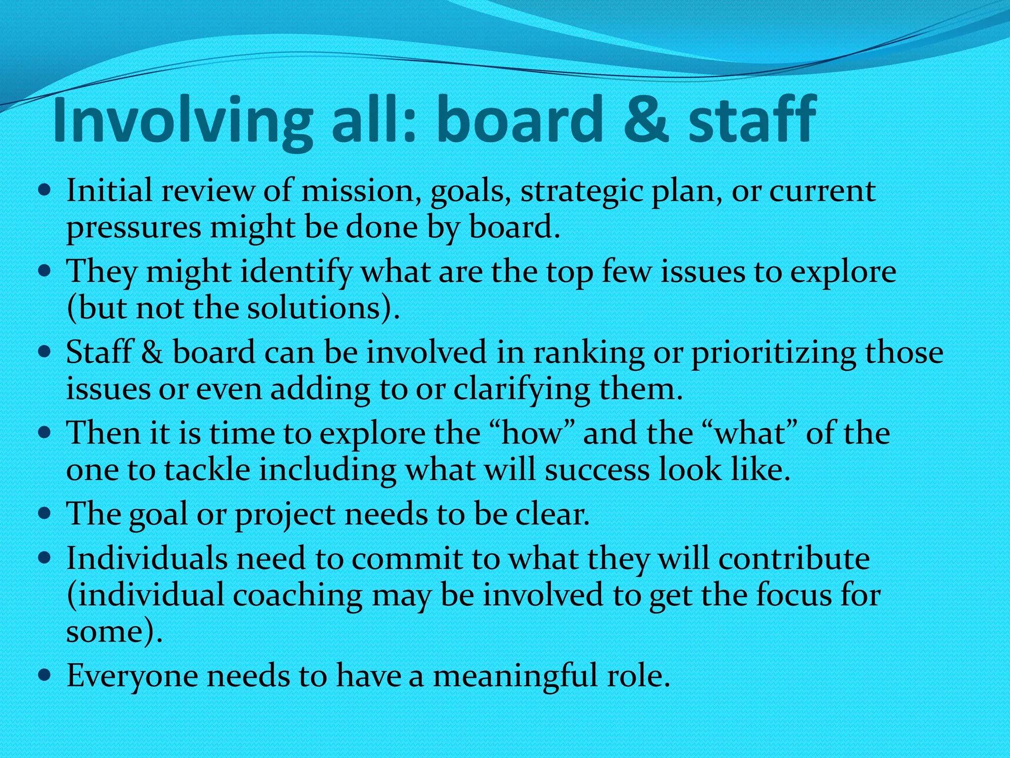 Being focused on our goalsWe might review our strategic plan, our mission, our current goals, and current imperatives or pressures – all or one of these.We should think in terms not so much of “physical projects” as basic organizational & individual growth and improved performance. Some possible topics that come to mind:Improving how we work together in meetingsImproving our customer service responsesLearning how to be more flexible in our learning stylesImproving efficiency & processes: one a day for 40 days!