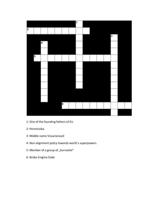 1: One of the founding fathers of EU
2: Perestroika
3: Middle name Vissarionovič
4: Non-alignment policy towards world´s superpowers
5: Member of a group of „Surrealist“
6: Broke Enigma Code
 