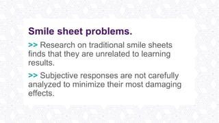 Smile sheet problems.
>> Research on traditional smile sheets
finds that they are unrelated to learning
results.
>> Subjective responses are not carefully
analyzed to minimize their most damaging
effects.
 