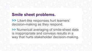 Smile sheet problems.
>> Likert-like responses hurt learners’
decision-making as they respond.
>> Numerical averaging of smile-sheet data
is inappropriate and conveys results in a
way that hurts stakeholder decision-making.
 