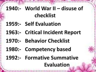 1940:- World War II – disuse of
checklist
1959:- Self Evaluation
1963:- Critical Incident Report
1970:- Behavior Checklist
1980:- Competency based
1992:- Formative Summative
Evaluation
 
