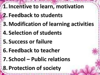 1.Incentive to learn, motivation
2.Feedback to students
3.Modification of learning activities
4.Selection of students
5.Success or failure
6.Feedback to teacher
7.School – Public relations
8.Protection of society
 
