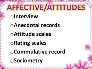 AFFECTIVE/ATTITUDES
oInterview
oAnecdotal records
oAttitude scales
oRating scales
oCommulative record
oSociometry
 