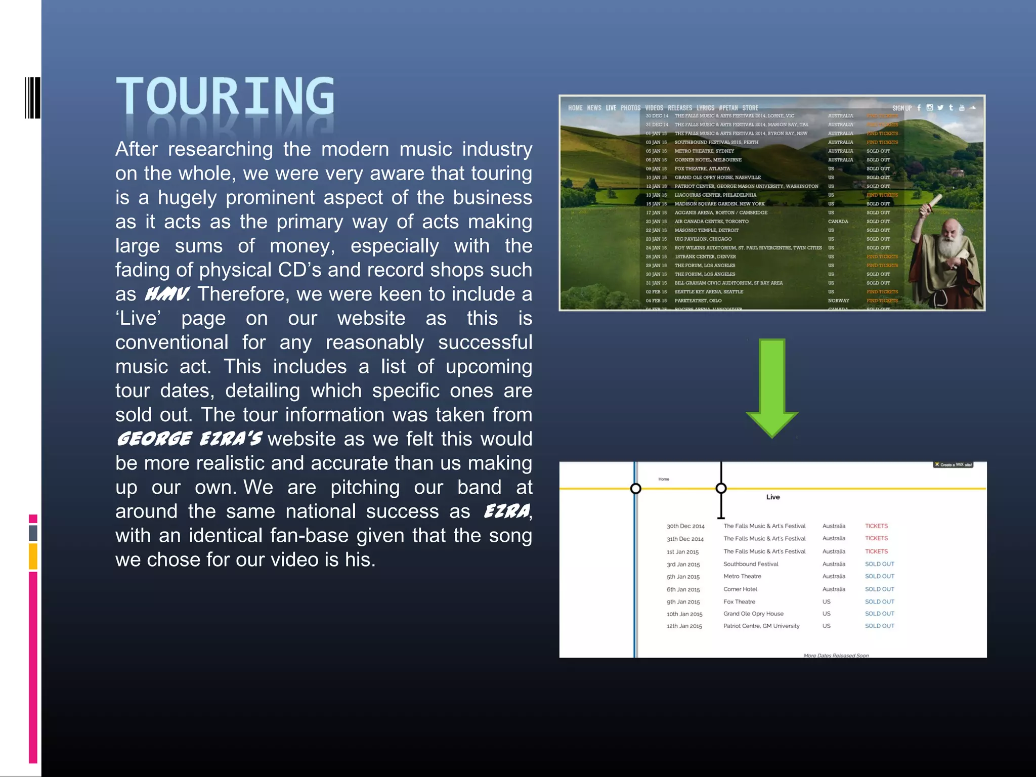 After researching the modern music industry
on the whole, we were very aware that touring
is a hugely prominent aspect of the business
as it acts as the primary way of acts making
large sums of money, especially with the
fading of physical CD’s and record shops such
as HMV. Therefore, we were keen to include a
‘Live’ page on our website as this is
conventional for any reasonably successful
music act. This includes a list of upcoming
tour dates, detailing which specific ones are
sold out. The tour information was taken from
George Ezra's website as we felt this would
be more realistic and accurate than us making
up our own. We are pitching our band at
around the same national success as Ezra,
with an identical fan-base given that the song
we chose for our video is his.
 