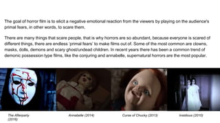 The goal of horror film is to elicit a negative emotional reaction from the viewers by playing on the audience's
primal fears, in other words, to scare them.
There are many things that scare people, that is why horrors are so abundant, because everyone is scared of
different things, there are endless ‘primal fears’ to make films out of. Some of the most common are clowns,
masks, dolls, demons and scary ghost/undead children. In recent years there has been a common trend of
demonic possession type films, like the conjuring and annabelle, supernatural horrors are the most popular.
Curse of Chucky (2013)Annabelle (2014)The Afterparty
(2016)
Insidious (2010)
 