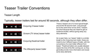 Teaser Trailer Conventions
Teaser Length
Typically, teaser trailers last for around 90 seconds, although they often differ.
dddd
Scream (TV show) teaser trailer
Conjuring 2 teaser trailer
The Afterparty teaser trailer
Conjuring theatrical trailer
These 2 teasers are of a more typical length,
around the 90 second mark. Long enough
but at the same time not too short. Teasers
are short because they are meant to get an
audience excited, without giving away any
story elements.
As is seen here, our ‘teaser’ trailer is a similar
length to the Conjuring main trailer, these are
meant to be 2 different types of trailer, with the
conventions of a main trailer different from
teaser. Theatrical trailers are usually released
nearer the time of the film coming out, so they
generally provide more information and reveal
some story elements.
 