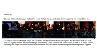 Continuity
Like lots of teaser trailers, ours starts with a series of shots that appear to be in order, happening in a constant time line.
The timeline shown underneath ours is for ‘Annabelle,’ and it’s clear from these screengrabs that the teaser starts like ours,
shots cut together that set the scene and begin to tell a story. This is common with horror trailers, it starts of as happy families,
something that people can relate to and form a connection with, and then it all goes wrong and something terrible happens.
 
