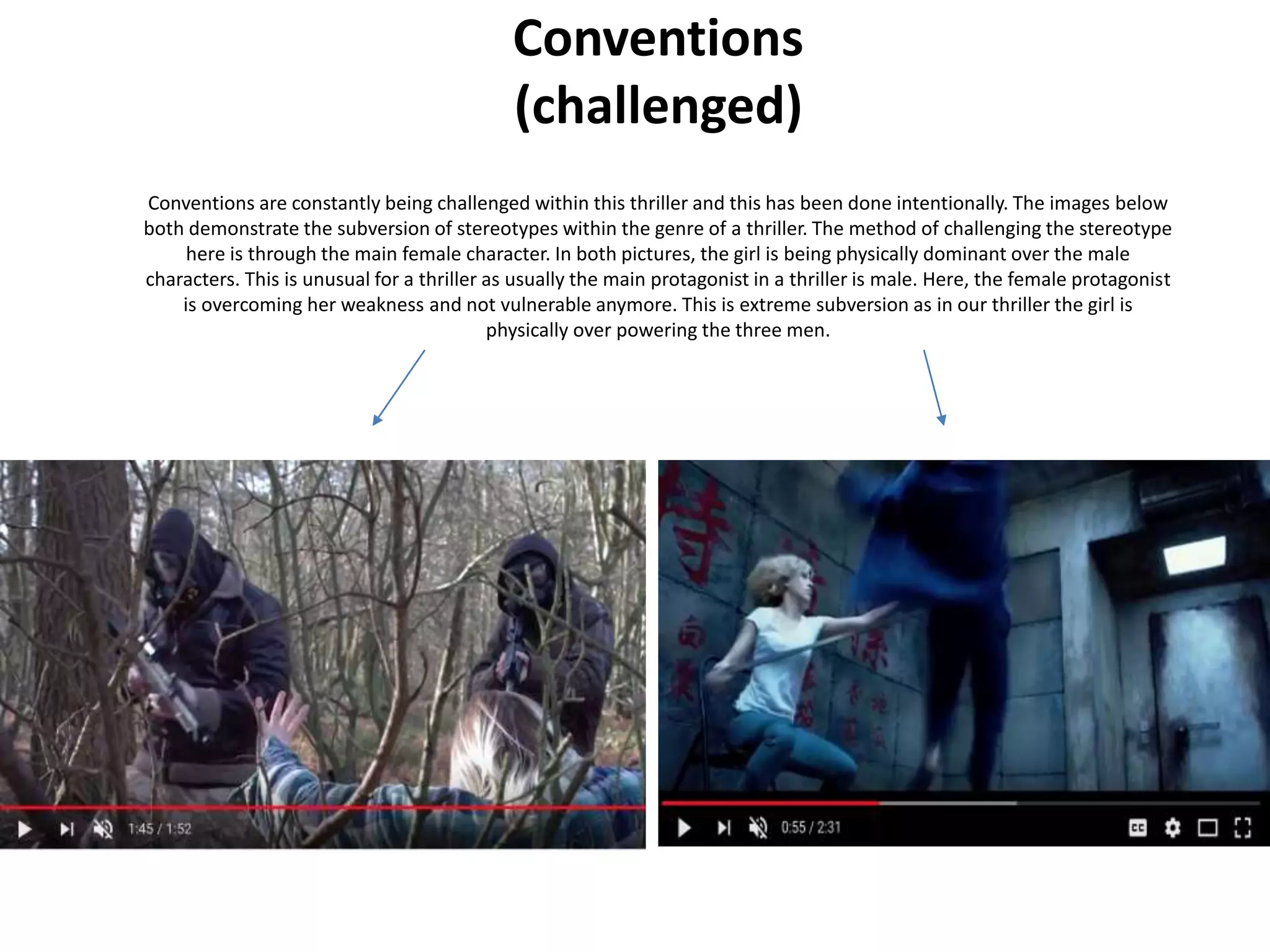 Conventions
(challenged)
Conventions are constantly being challenged within this thriller and this has been done intentionally. The images below
both demonstrate the subversion of stereotypes within the genre of a thriller. The method of challenging the stereotype
here is through the main female character. In both pictures, the girl is being physically dominant over the male
characters. This is unusual for a thriller as usually the main protagonist in a thriller is male. Here, the female protagonist
is overcoming her weakness and not vulnerable anymore. This is extreme subversion as in our thriller the girl is
physically over powering the three men.
 
