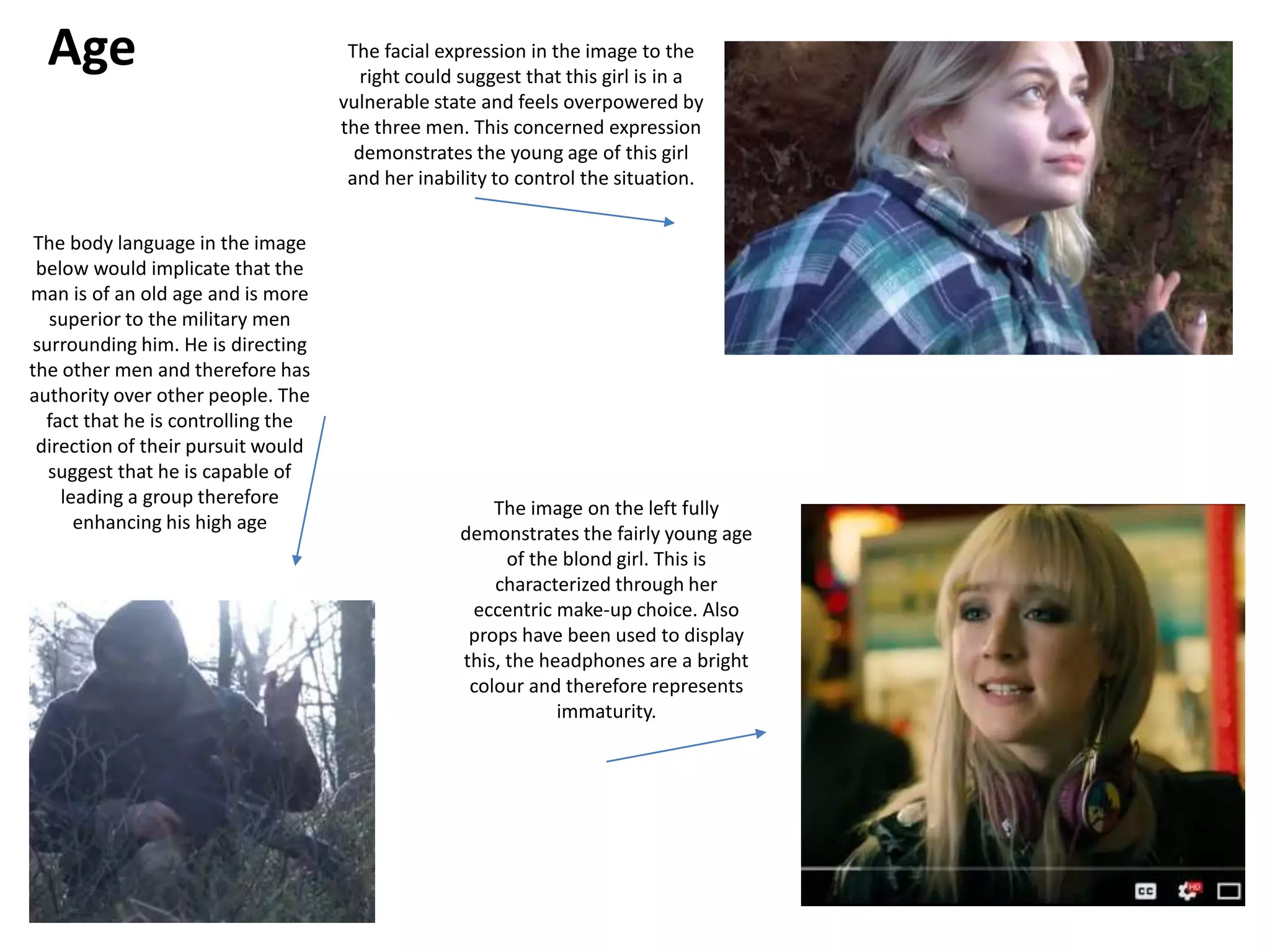 Age The facial expression in the image to the
right could suggest that this girl is in a
vulnerable state and feels overpowered by
the three men. This concerned expression
demonstrates the young age of this girl
and her inability to control the situation.
The body language in the image
below would implicate that the
man is of an old age and is more
superior to the military men
surrounding him. He is directing
the other men and therefore has
authority over other people. The
fact that he is controlling the
direction of their pursuit would
suggest that he is capable of
leading a group therefore
enhancing his high age
The image on the left fully
demonstrates the fairly young age
of the blond girl. This is
characterized through her
eccentric make-up choice. Also
props have been used to display
this, the headphones are a bright
colour and therefore represents
immaturity.
 