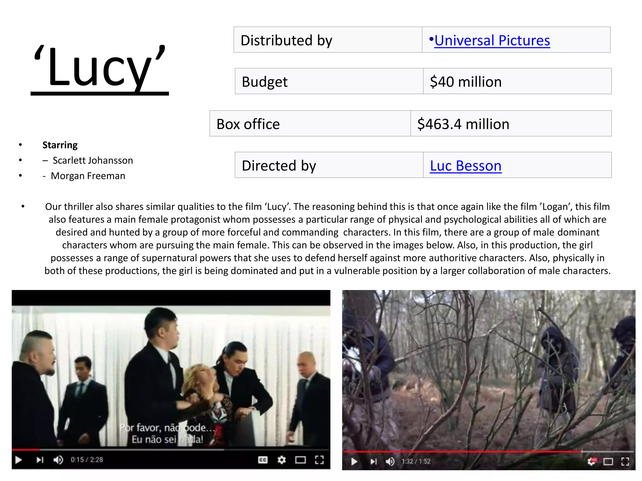 ‘Lucy’
• Starring
• – Scarlett Johansson
• - Morgan Freeman
• Our thriller also shares similar qualities to the film ‘Lucy’. The reasoning behind this is that once again like the film ’Logan’, this film
also features a main female protagonist whom possesses a particular range of physical and psychological abilities all of which are
desired and hunted by a group of more forceful and commanding characters. In this film, there are a group of male dominant
characters whom are pursuing the main female. This can be observed in the images below. Also, in this production, the girl
possesses a range of supernatural powers that she uses to defend herself against more authoritive characters. Also, physically in
both of these productions, the girl is being dominated and put in a vulnerable position by a larger collaboration of male characters.
Directed by Luc Besson
Box office $463.4 million
Budget $40 million
Distributed by •Universal Pictures
 